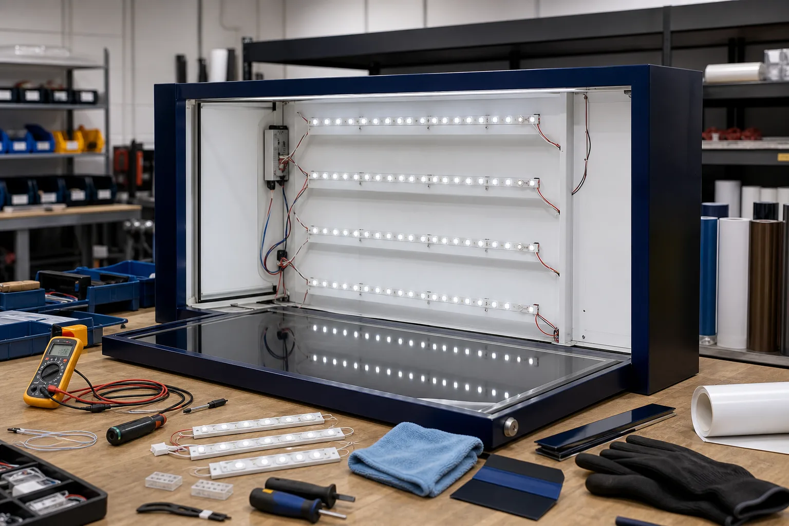 An open illuminated sign cabinet and organized repair tools on a workshop bench.