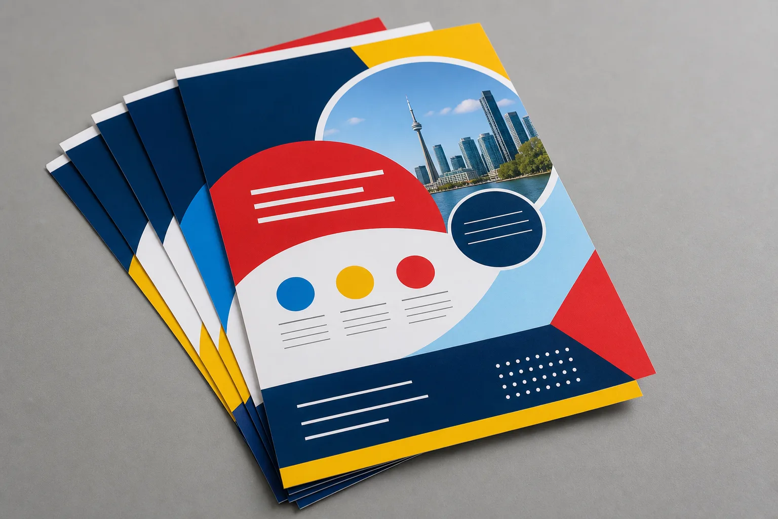 Stack of freshly printed single-page flyers.