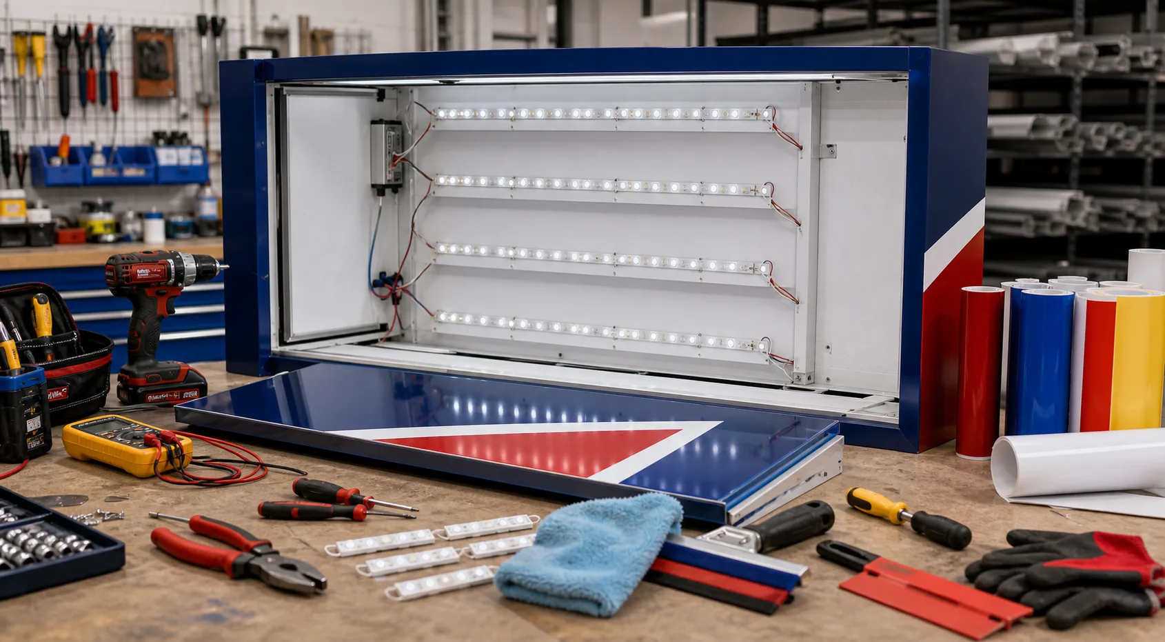 Urgent sign repair tools prepared beside an illuminated sign panel.