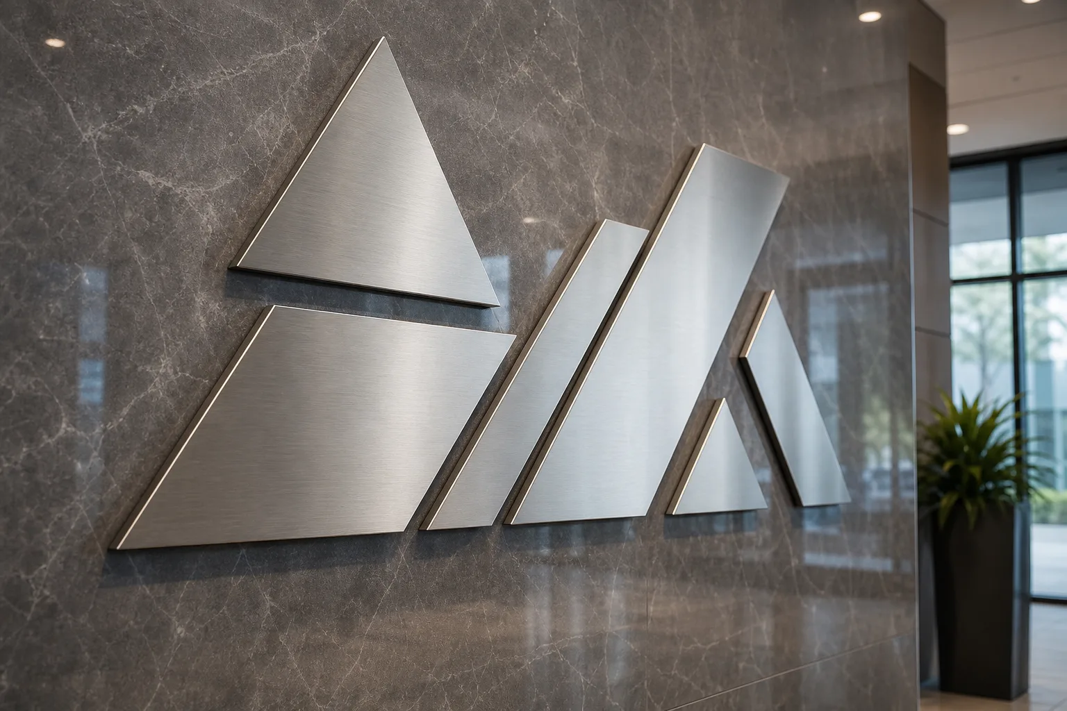 Dimensional reception sign mounted on an office lobby wall.