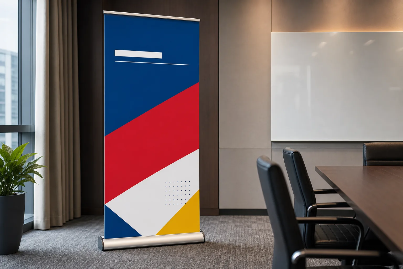 Retractable banner stand set up indoors.