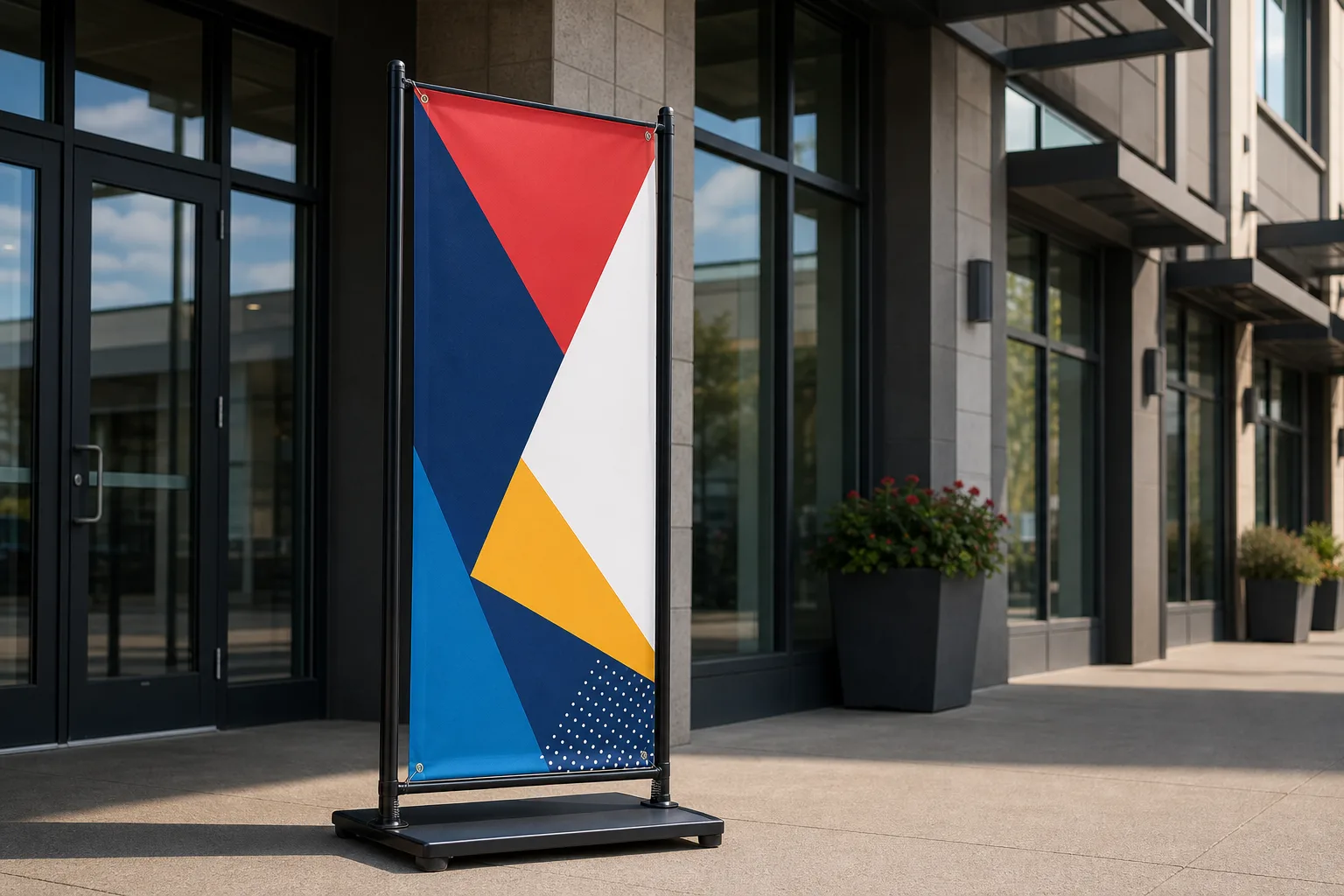 Double-sided outdoor banner stand near a plaza entrance.